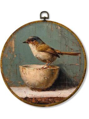 Vintage Bird Round Wall Art Decor - Antique Framed Canvas Print, Rustic